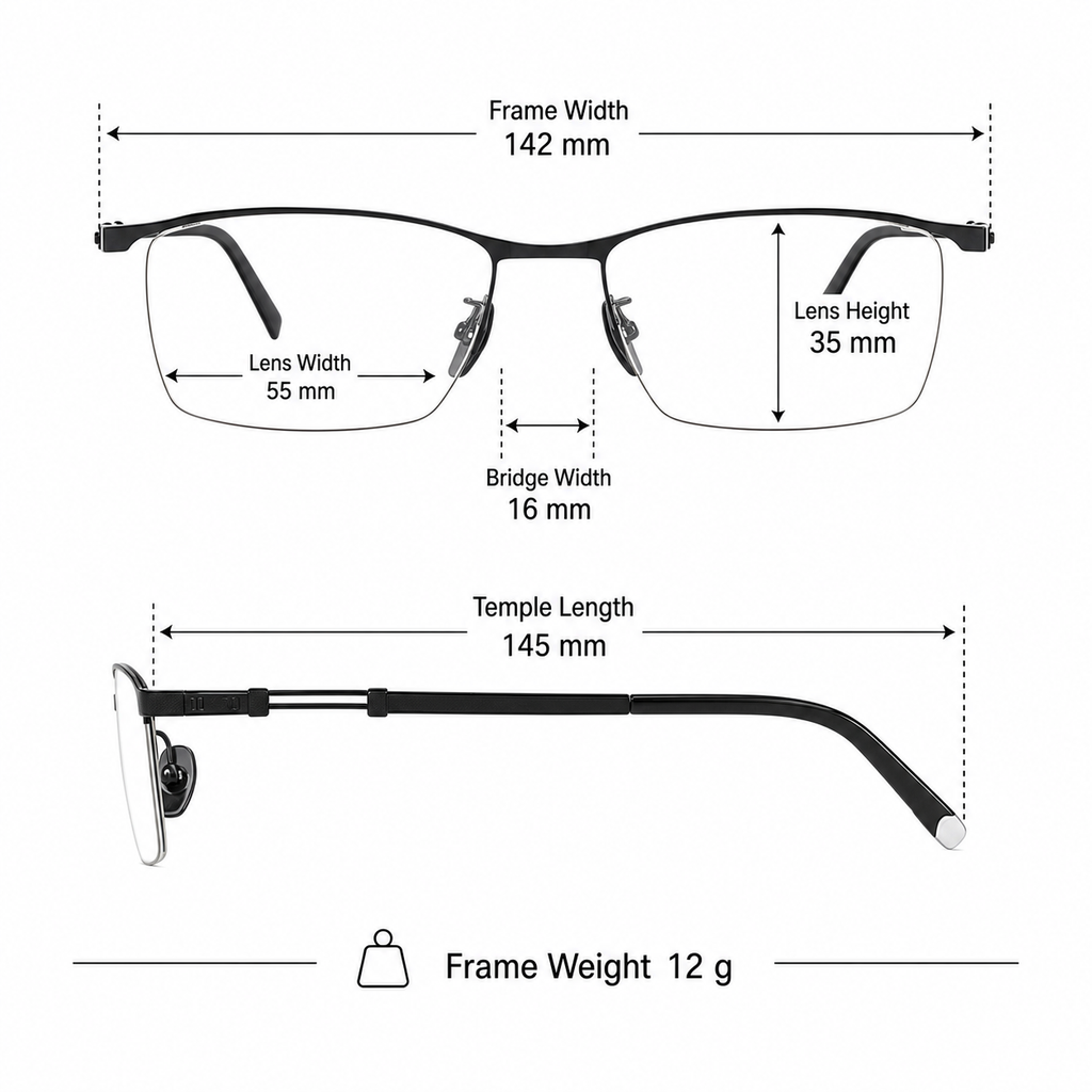 Men's professional semi-rimless frame measurement guide: 142 mm frame, 55 mm lens and 12 g weight