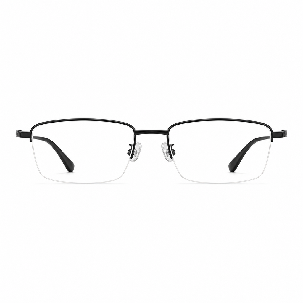 Black men's pure titanium semi-rimless glasses, front product view