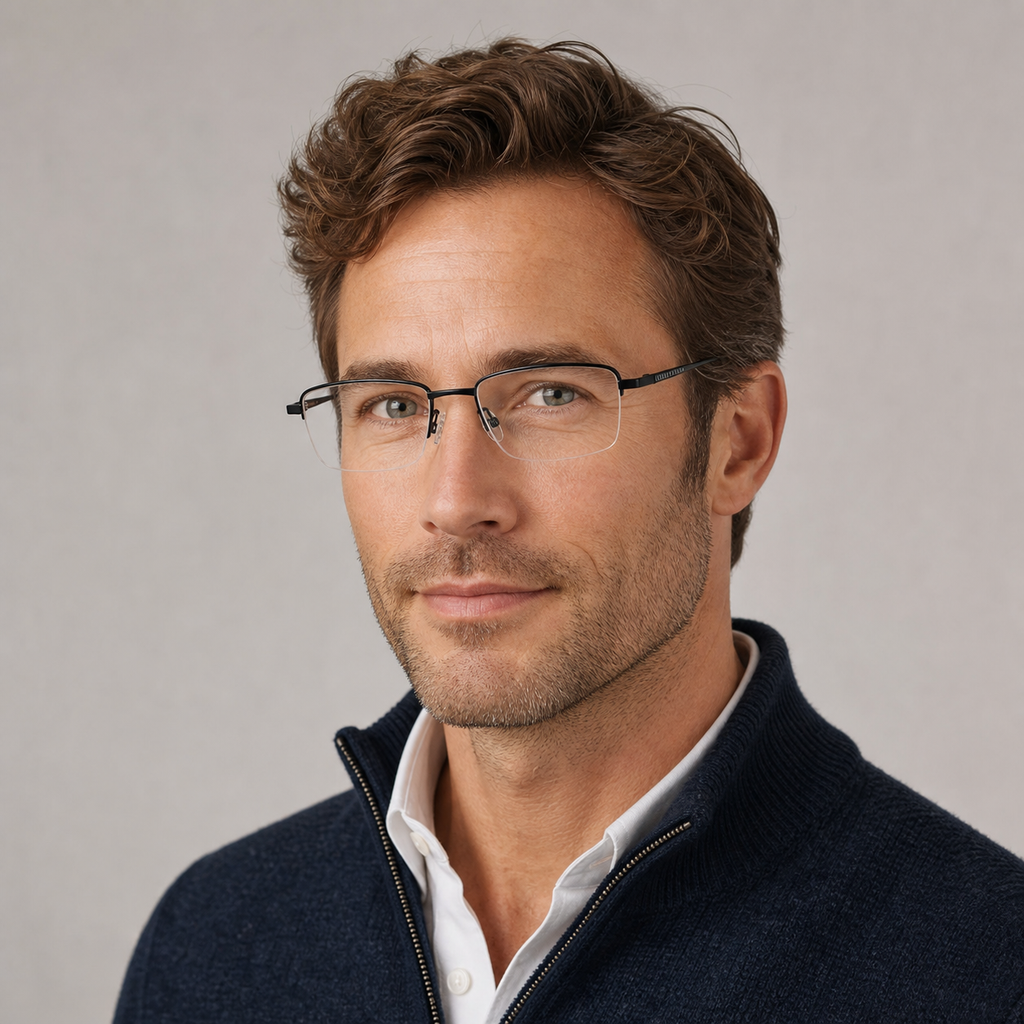 Black men's pure titanium semi-rimless glasses worn by a second adult White man