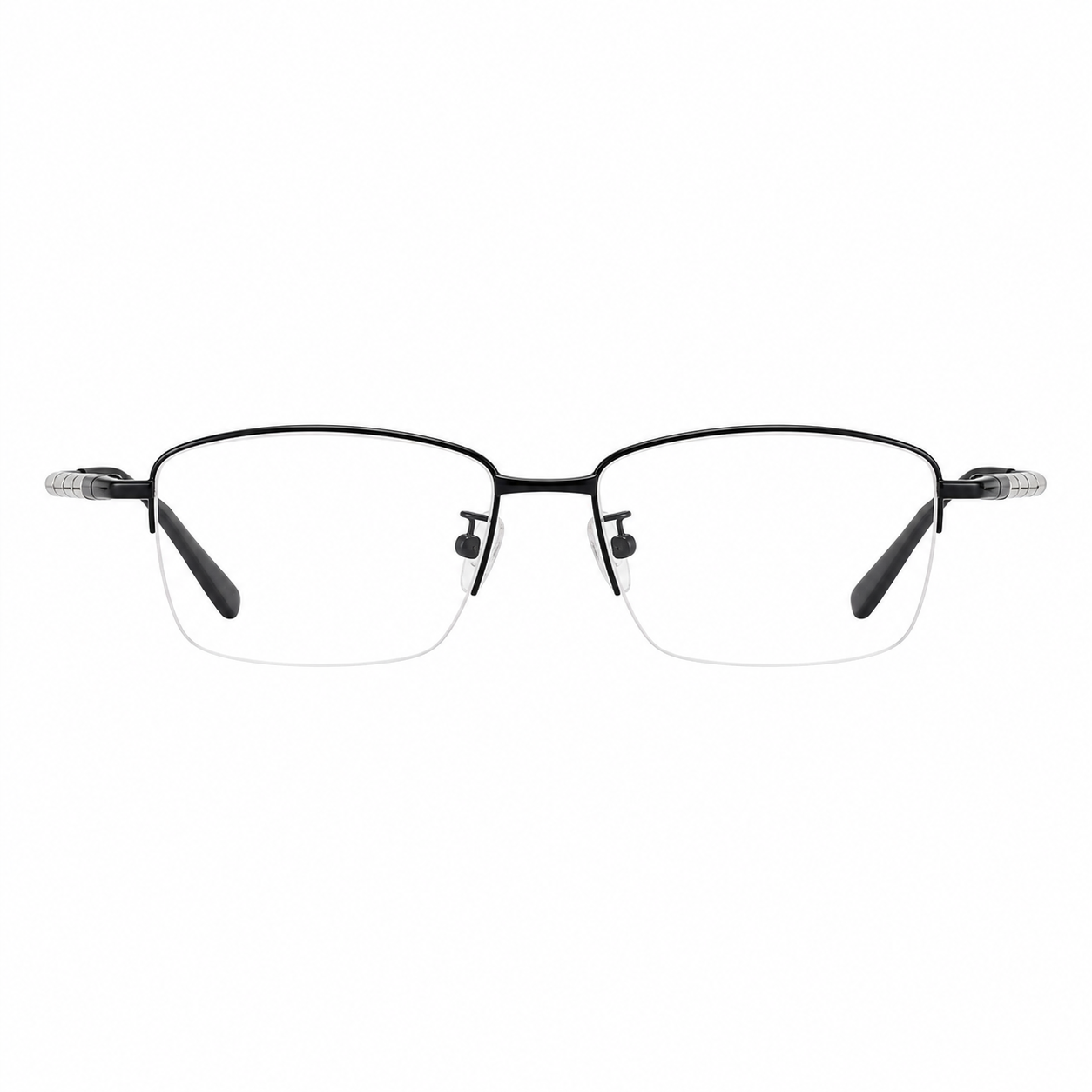 Black men's semi-titanium rectangular semi-rimless glasses, front product view