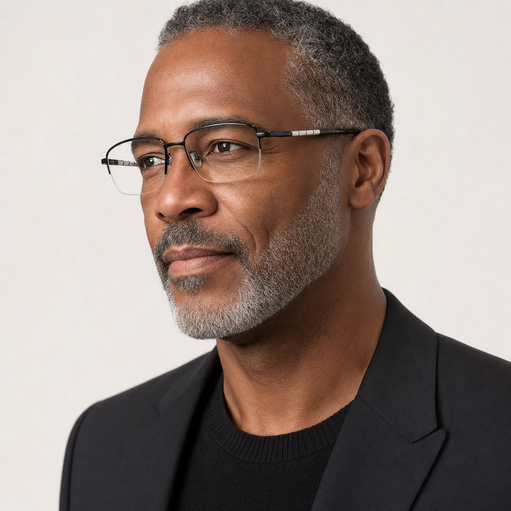 Black men's semi-titanium rectangular semi-rimless glasses worn by a mature adult Black man