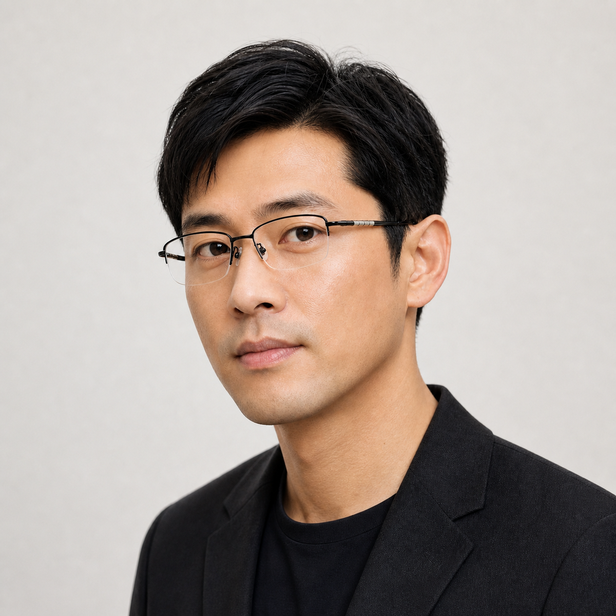 Black men's semi-titanium rectangular semi-rimless glasses worn by an adult East Asian man