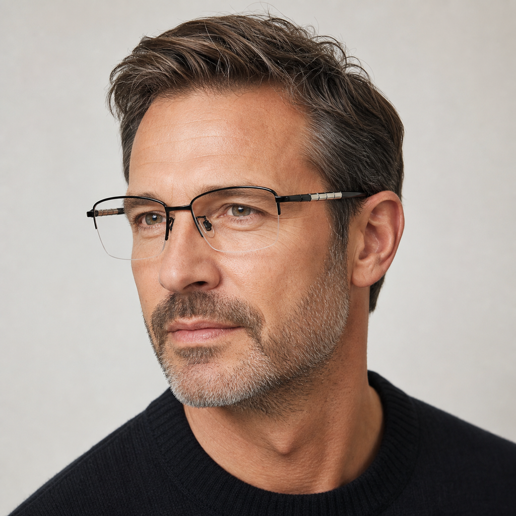 Black men's semi-titanium rectangular semi-rimless glasses worn by an adult White man