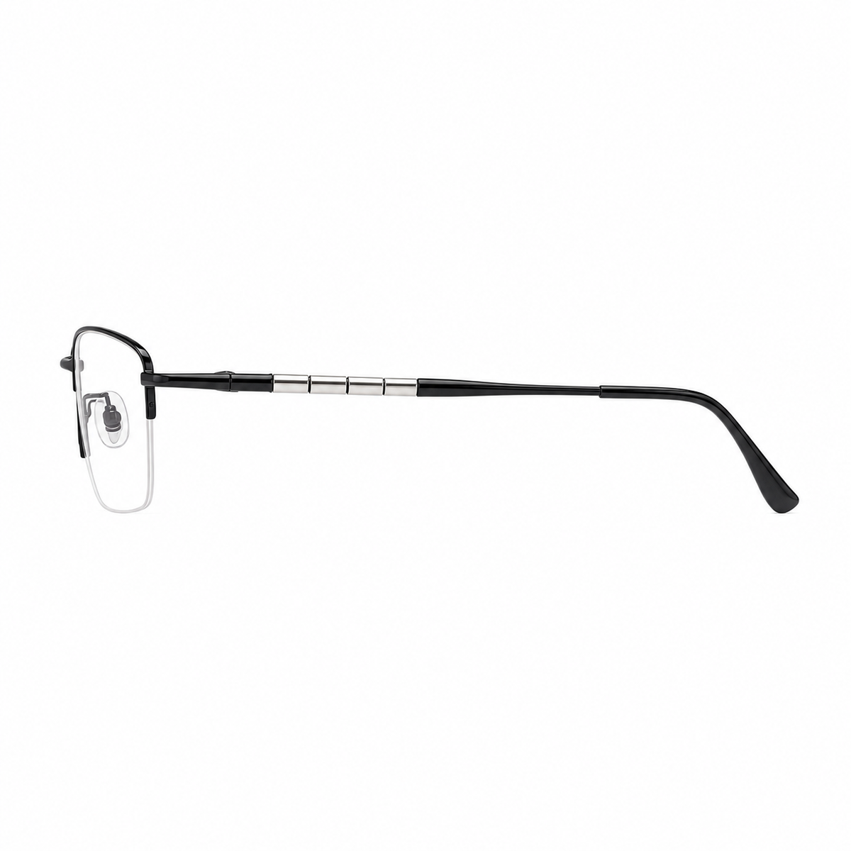Black men's semi-titanium rectangular semi-rimless glasses, side and temple product view