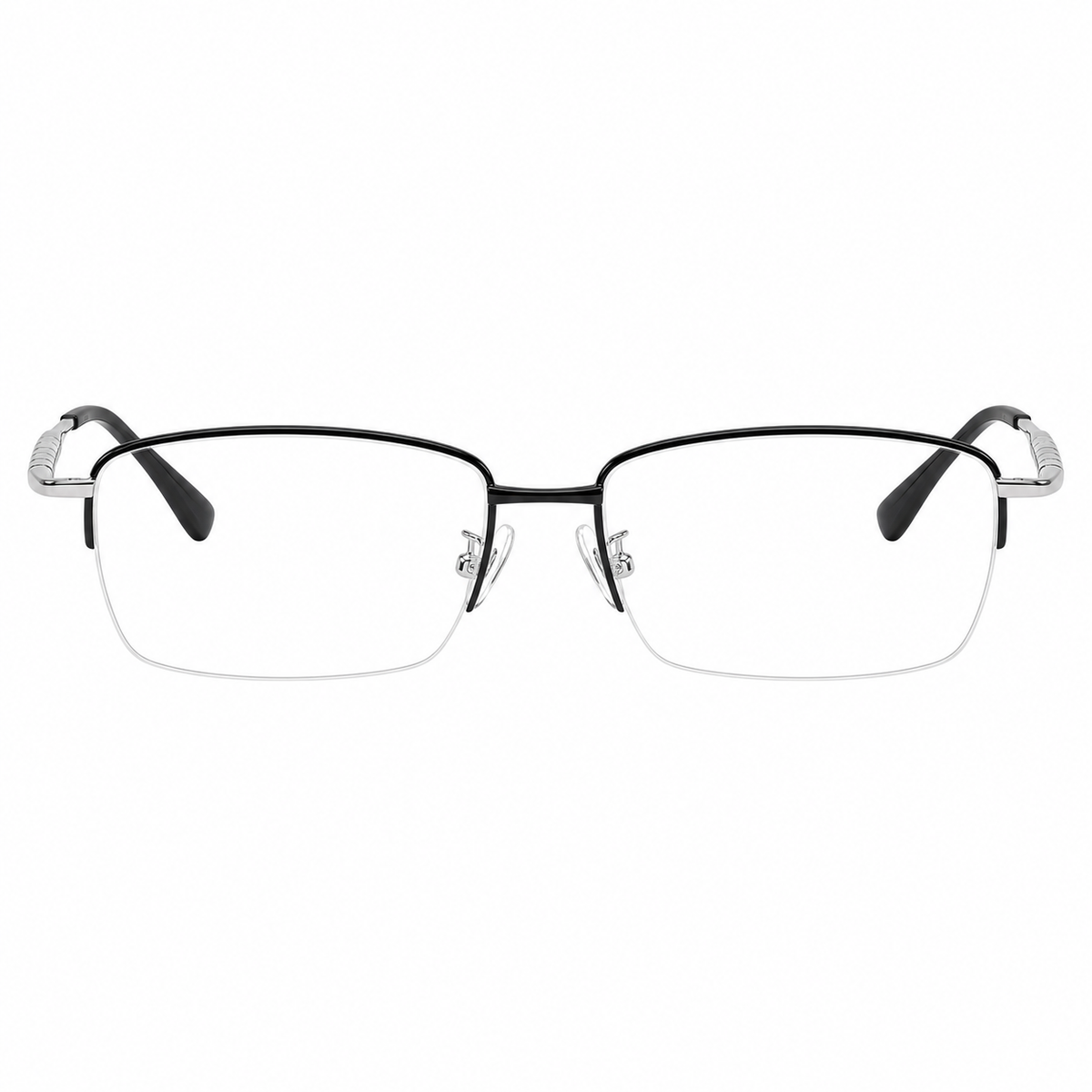 Black/Silver men's semi-titanium rectangular semi-rimless glasses, front product view