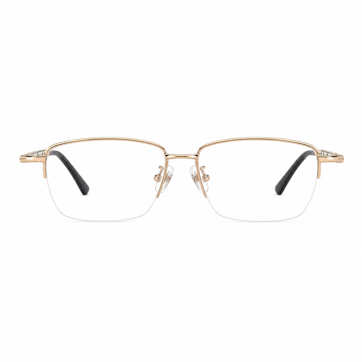 Gold men's semi-titanium rectangular semi-rimless glasses, front product view