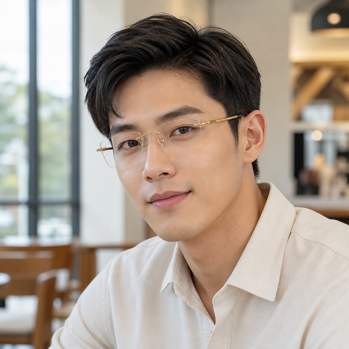 Gold men's rimless double-slot glasses, worn by an adult man in a cafe