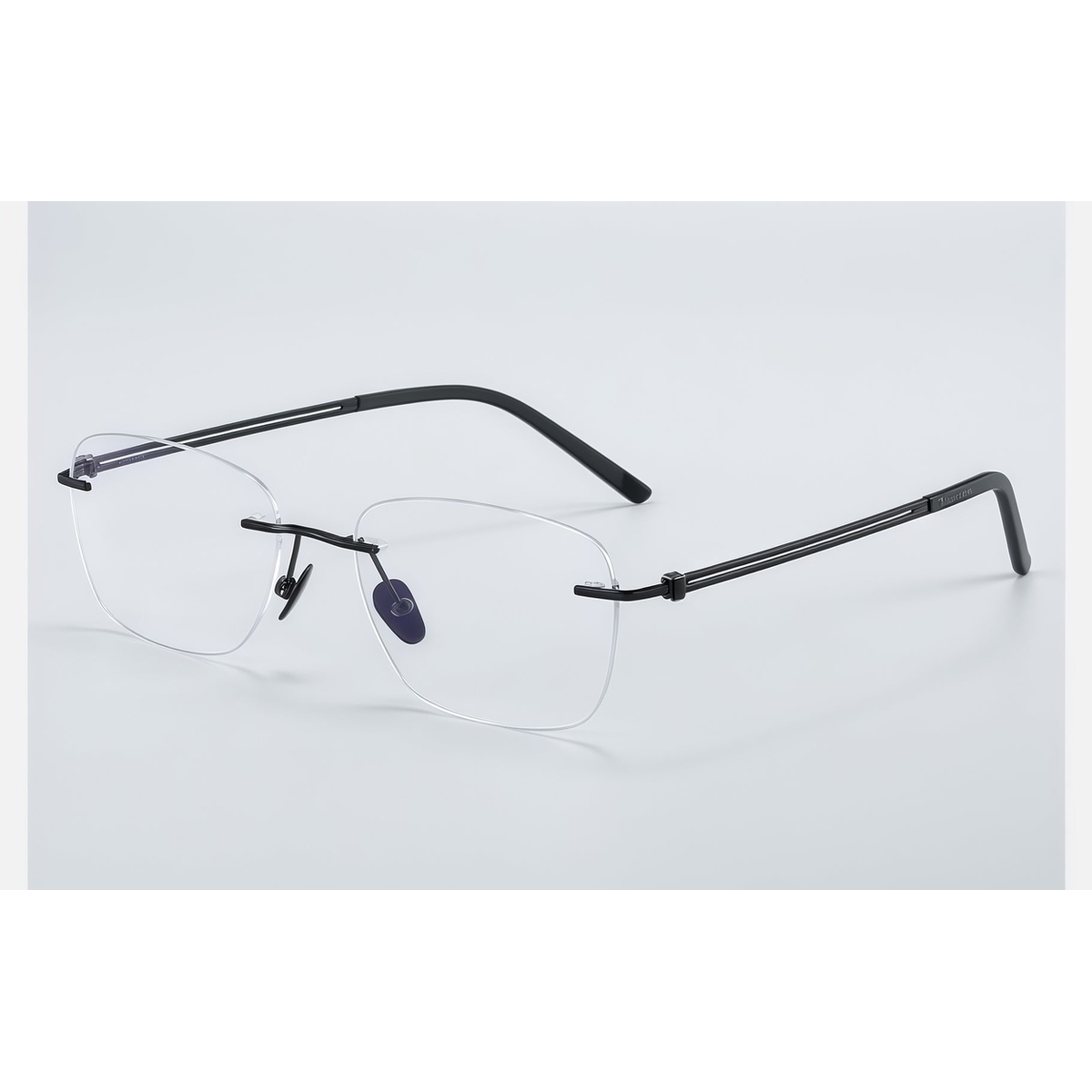 Black men's pure titanium rimless rectangular glasses, 45-degree product view