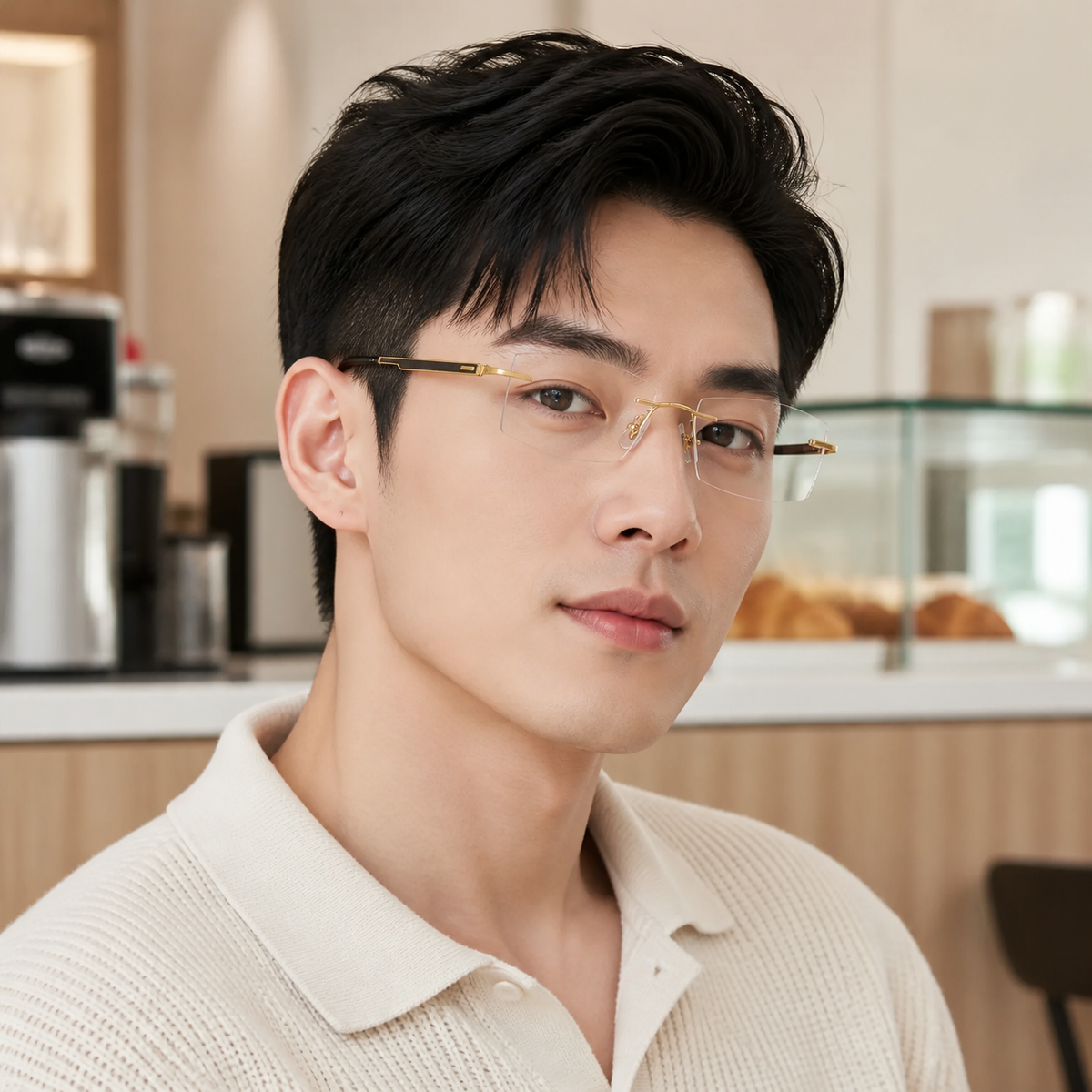 Gold men's pure-titanium rimless glasses worn by a young adult man in a cafe