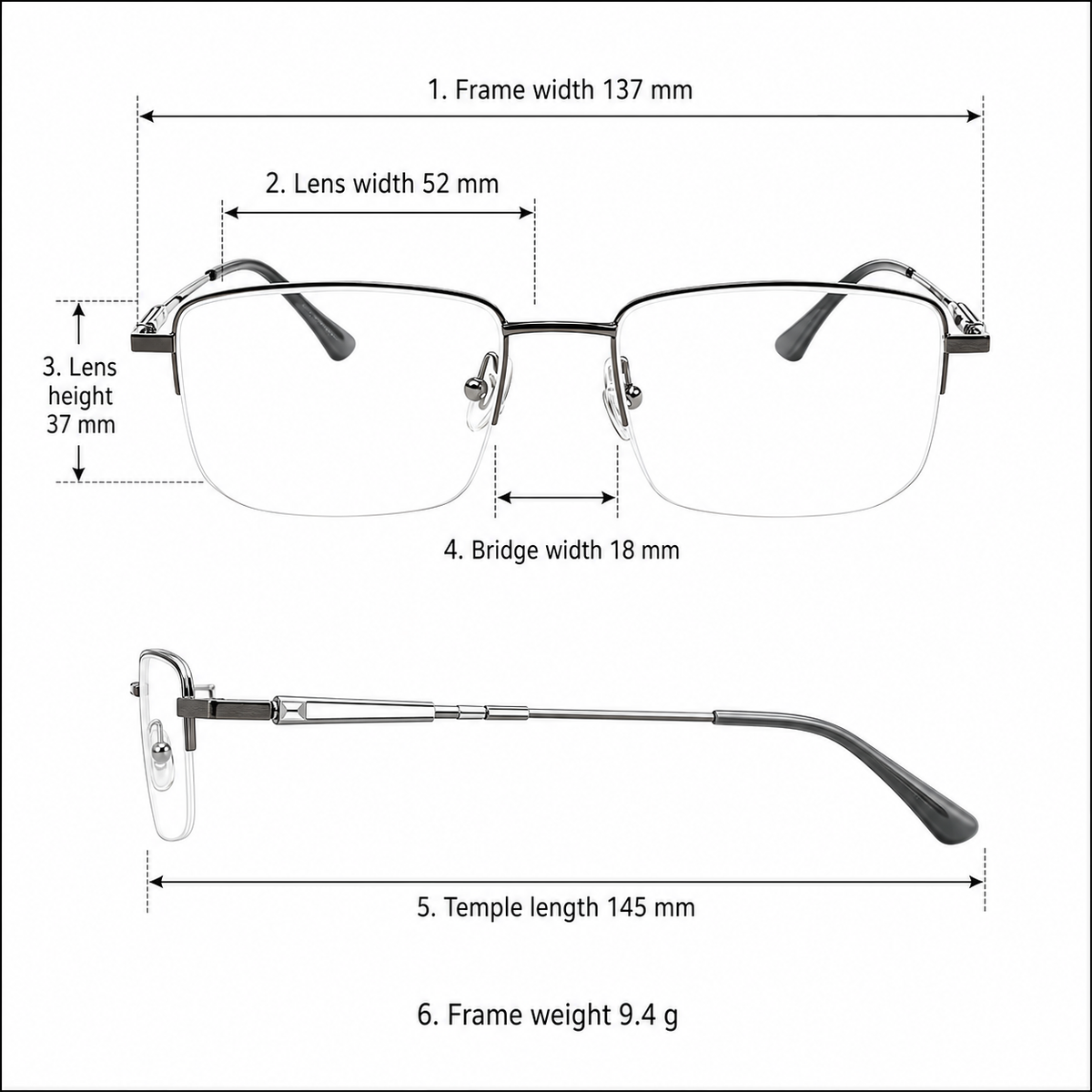 Men's pure titanium semi-rimless frame measurement guide: 137 mm frame, 52 mm lens and 9.4 g weight