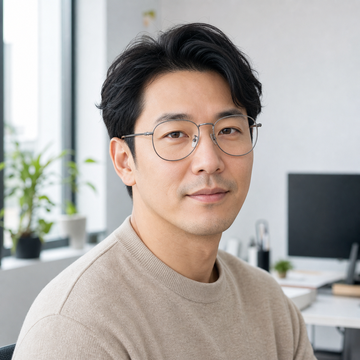 Gray men's retro oversized alloy full-rim glasses, worn by an adult East Asian man