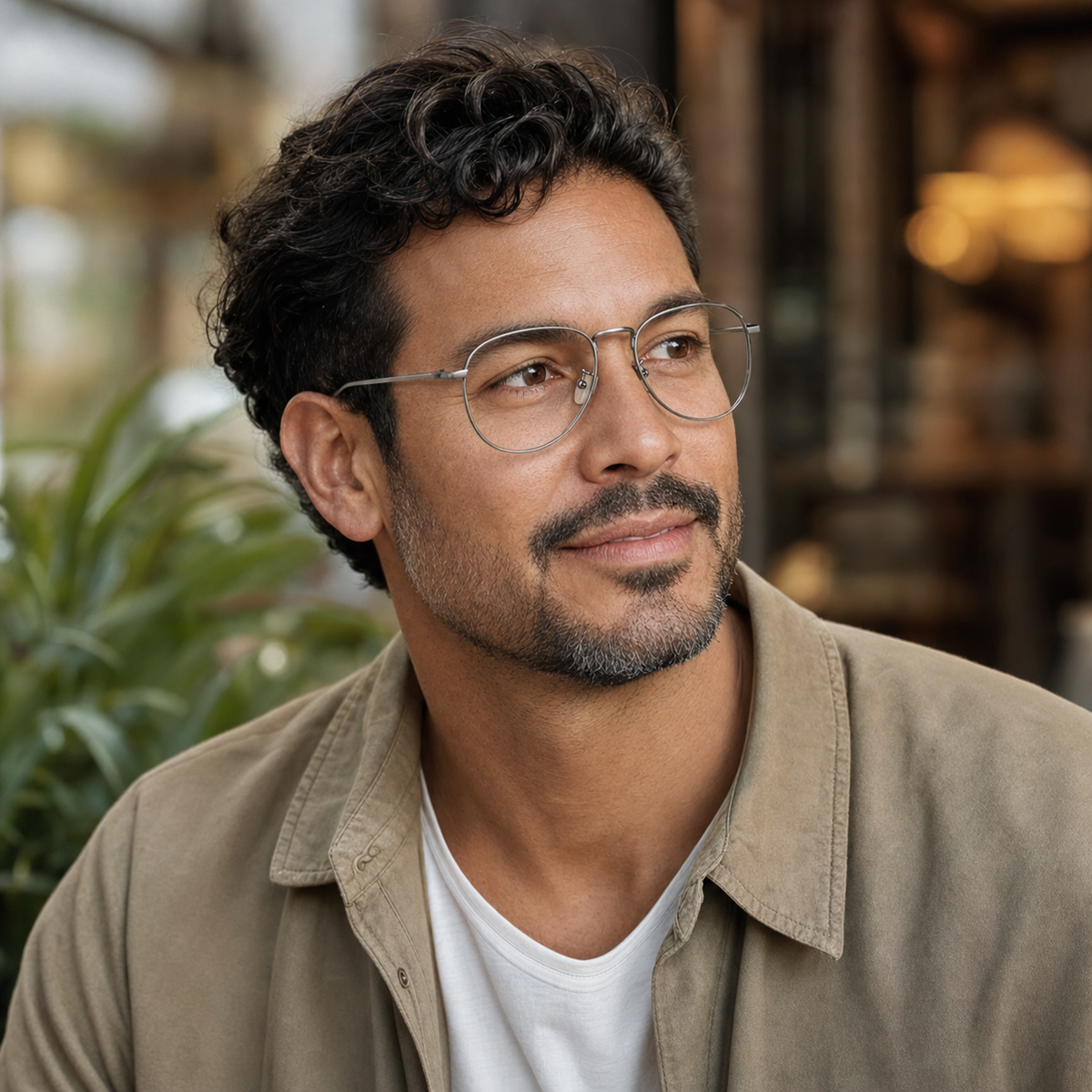 Gray men's retro oversized alloy full-rim glasses, worn by an adult Latino man