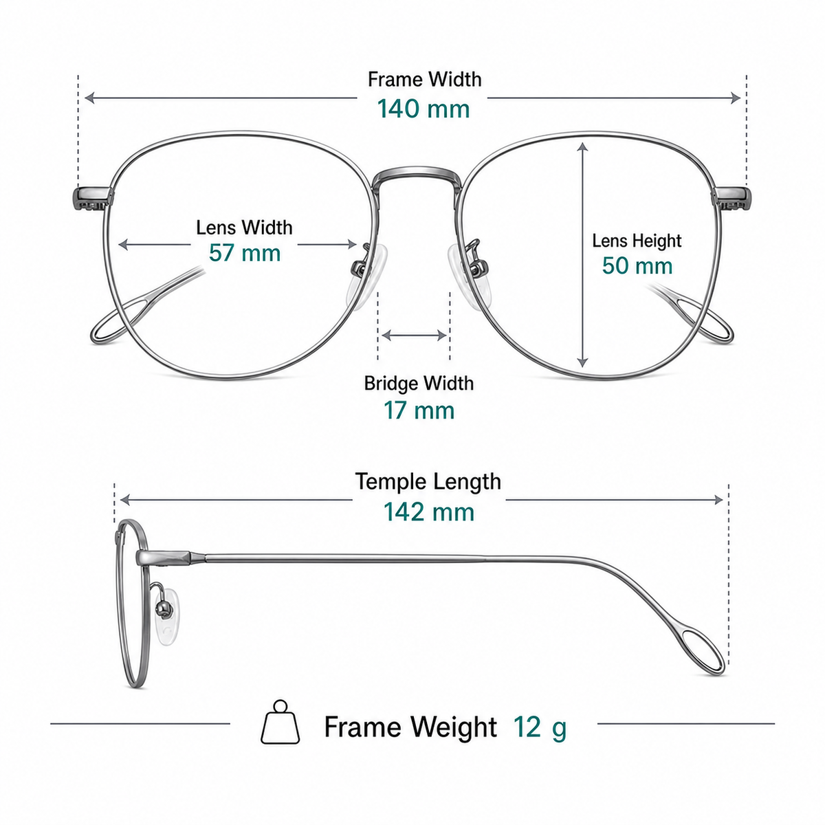 Men's retro oversized alloy full-rim frame measurement guide: 140 mm width, 57 mm lenses and 12 g weight