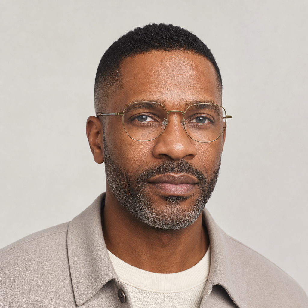 Bronze men's retro oversized titanium full-rim glasses, worn by an adult Black man