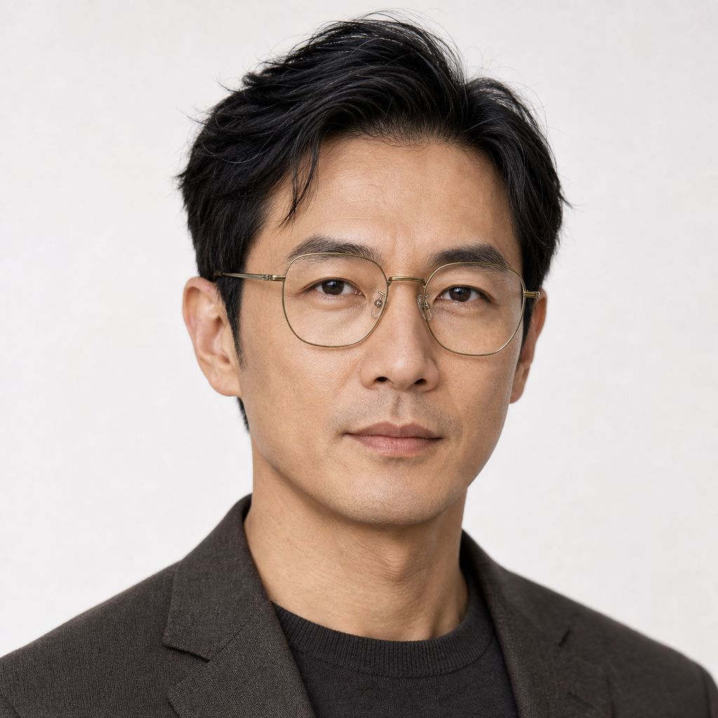 Bronze men's retro oversized titanium full-rim glasses, worn by an adult East Asian man