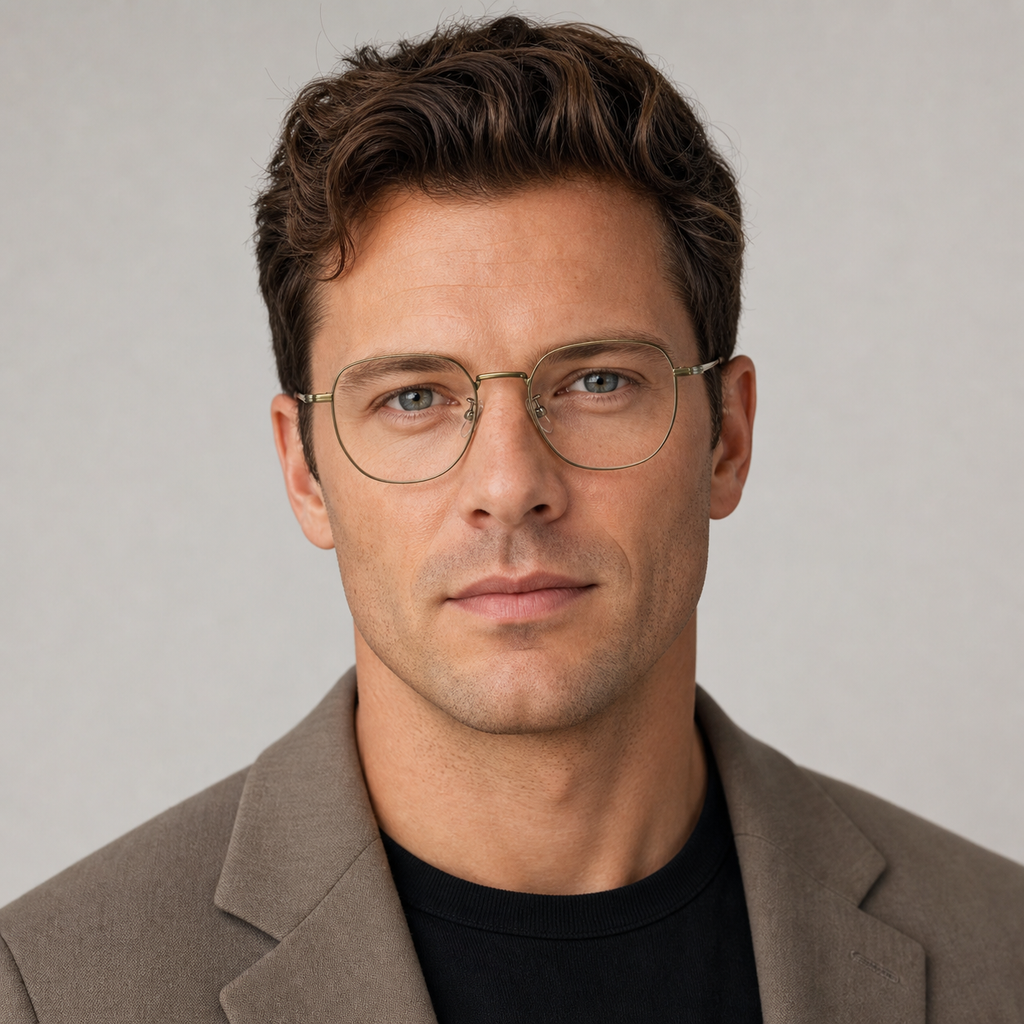 Bronze men's retro oversized titanium full-rim glasses, worn by an adult White man