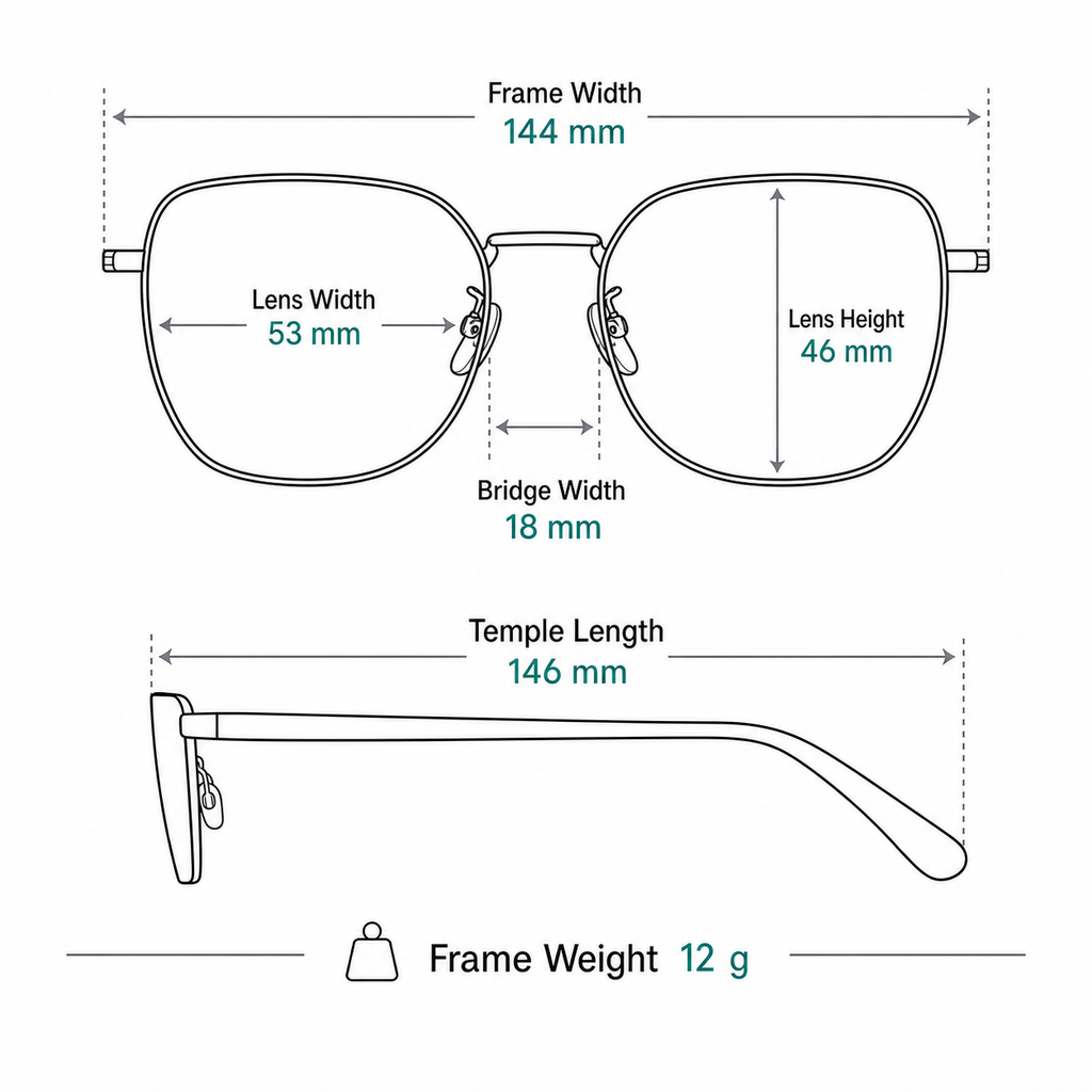 Men's titanium full-rim frame measurement guide: 144 mm width, 53 mm lenses and 12 g weight