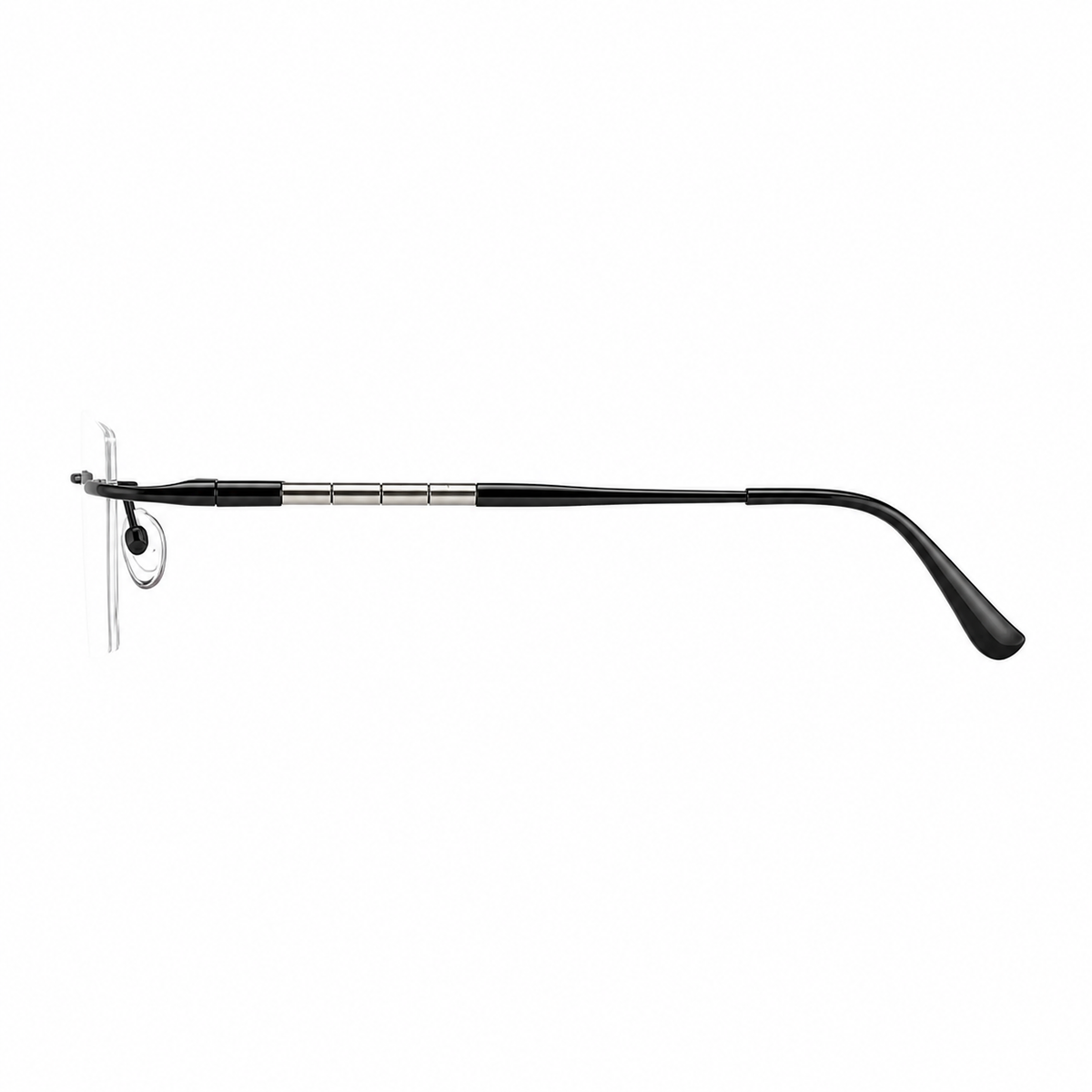 Black men's semi-titanium rimless segmented-temple glasses, side product view