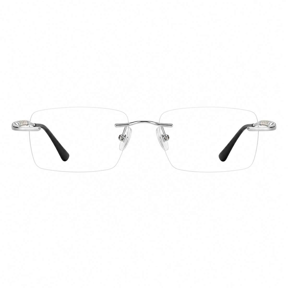 Silver men's semi-titanium rimless segmented-temple glasses, front product view