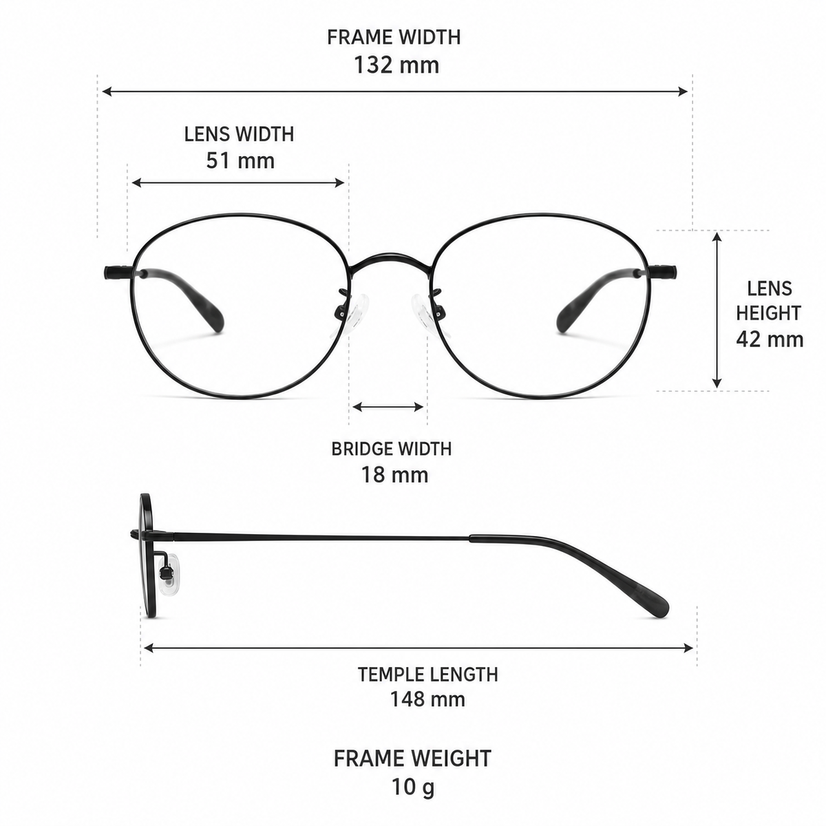 Frame measurement guide showing 132 mm width, 51 mm lenses and 10 g weight