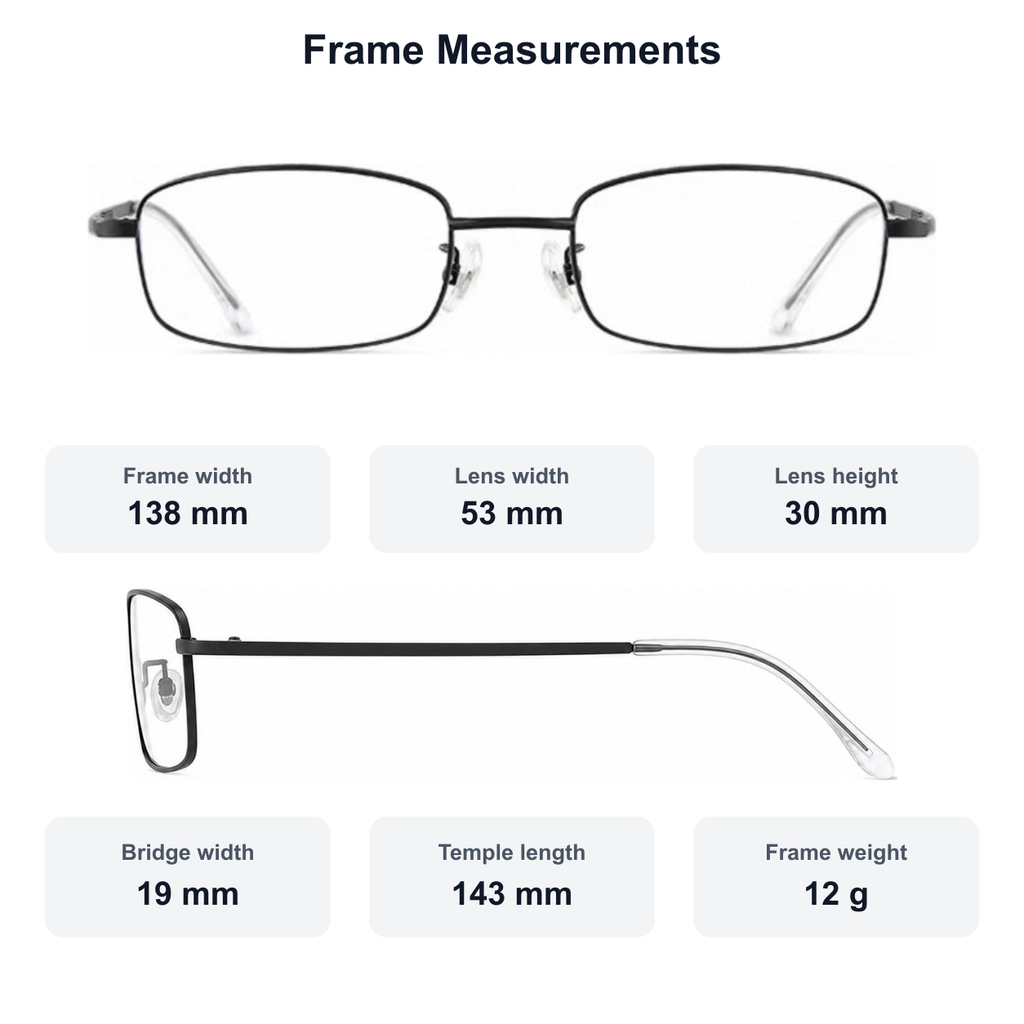 Men's small-fit alloy rectangular glasses measurement guide: 138 mm frame, 53 mm lens, 12 g weight