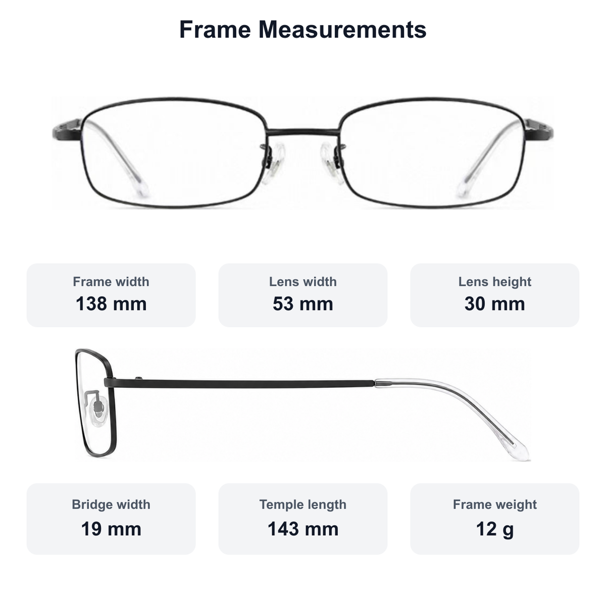 Men's small-fit alloy rectangular glasses measurement guide: 138 mm frame, 53 mm lens, 12 g weight