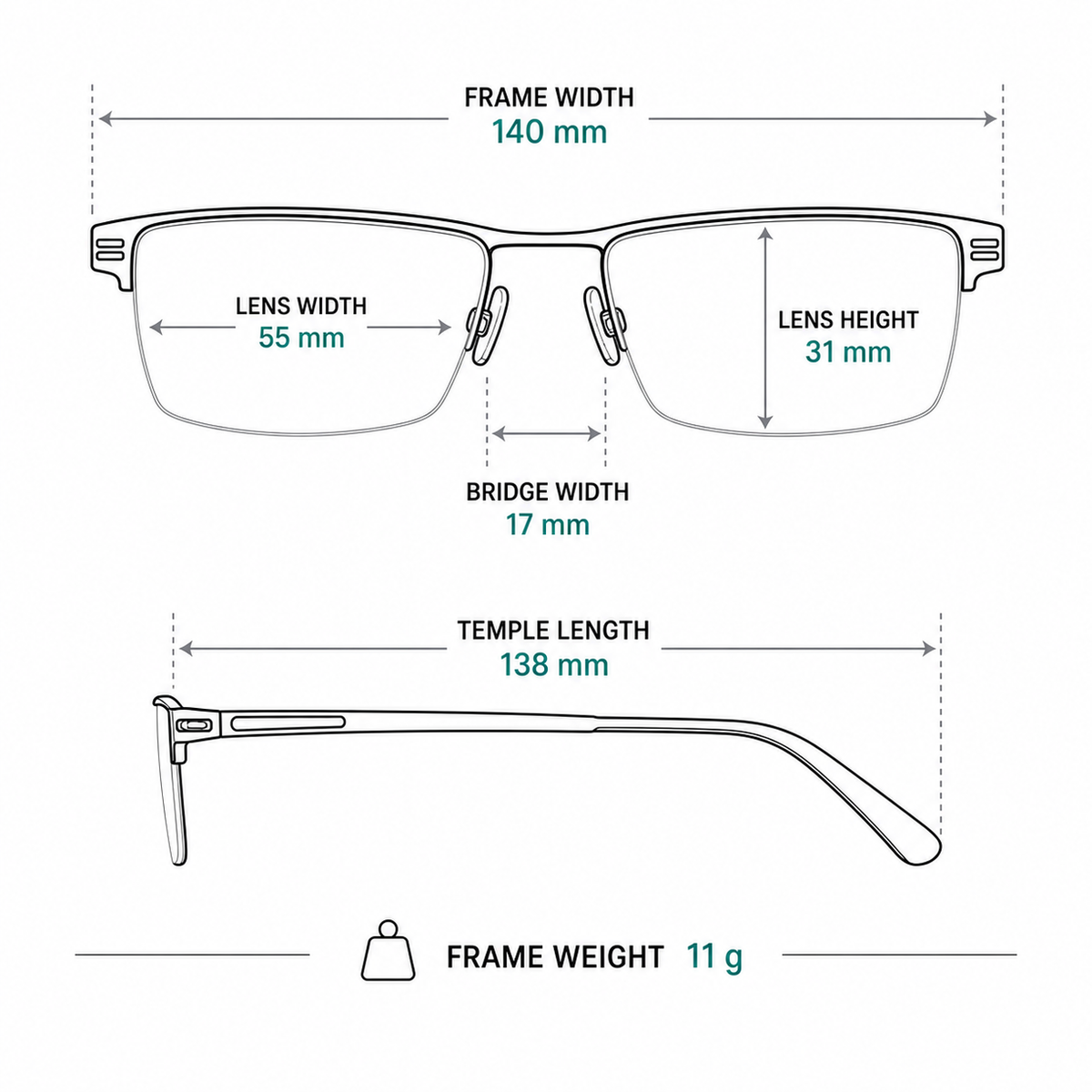 Frame measurement guide showing 140 mm width, 55 mm lenses and 11 g weight