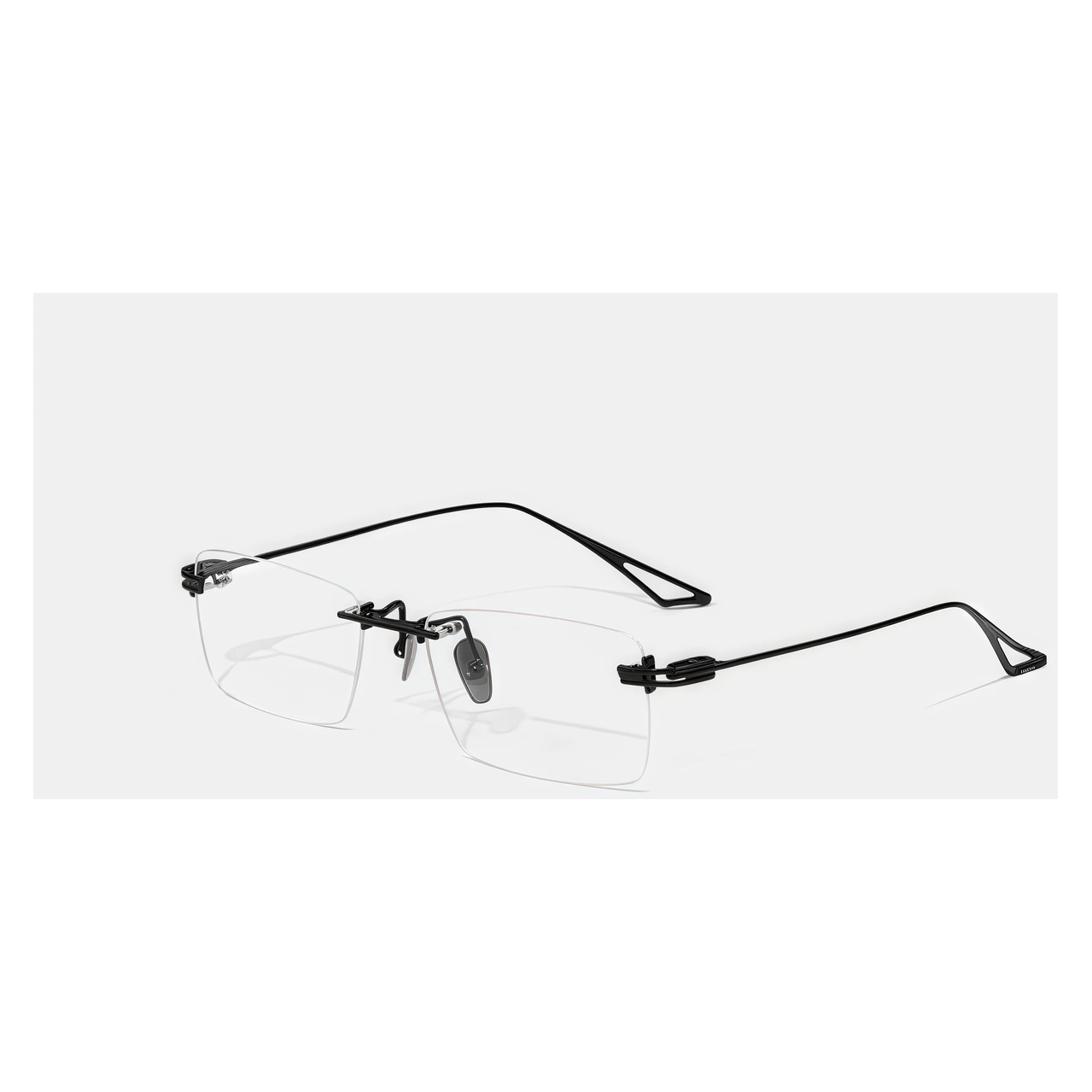Black men's titanium rimless open-loop glasses, 45-degree product view