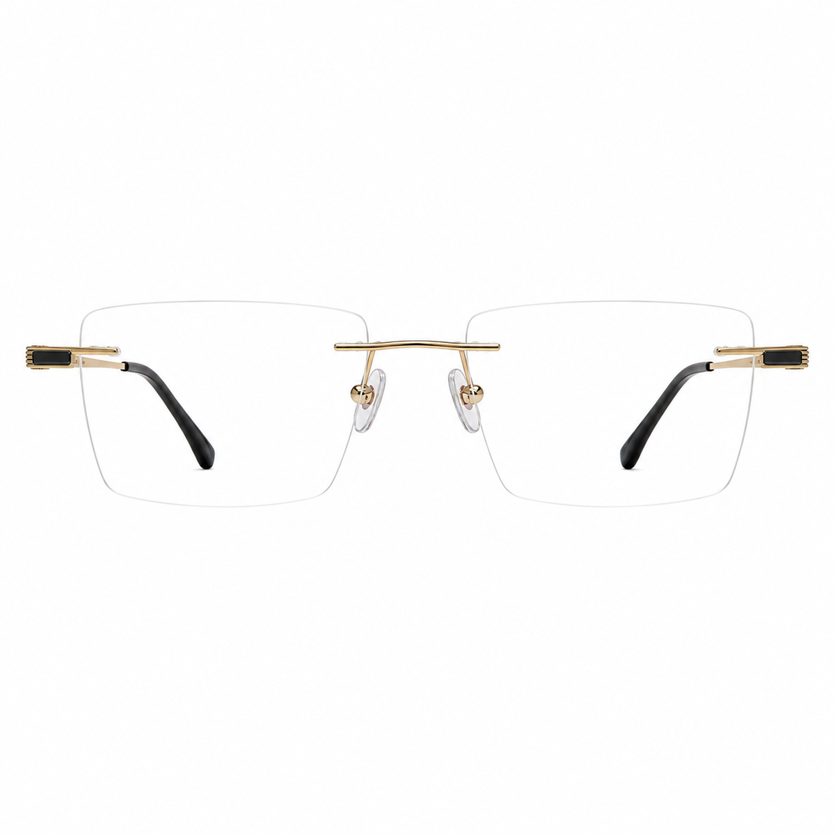 Gold men's titanium rimless rectangular glasses, front product view