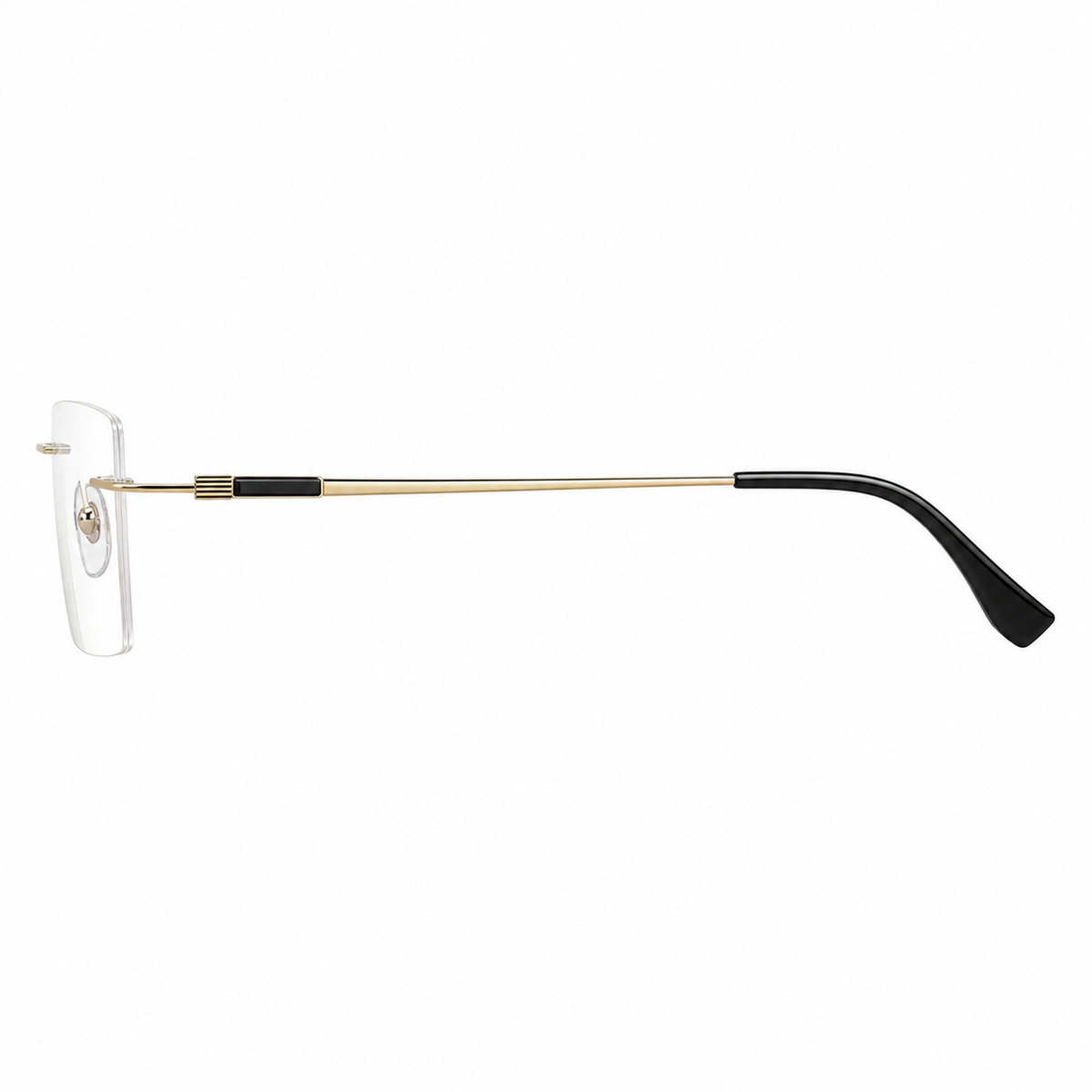 Gold men's titanium rimless rectangular glasses, side product view