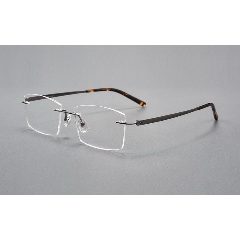 Gunmetal men's titanium rimless rectangular glasses, 45-degree product view