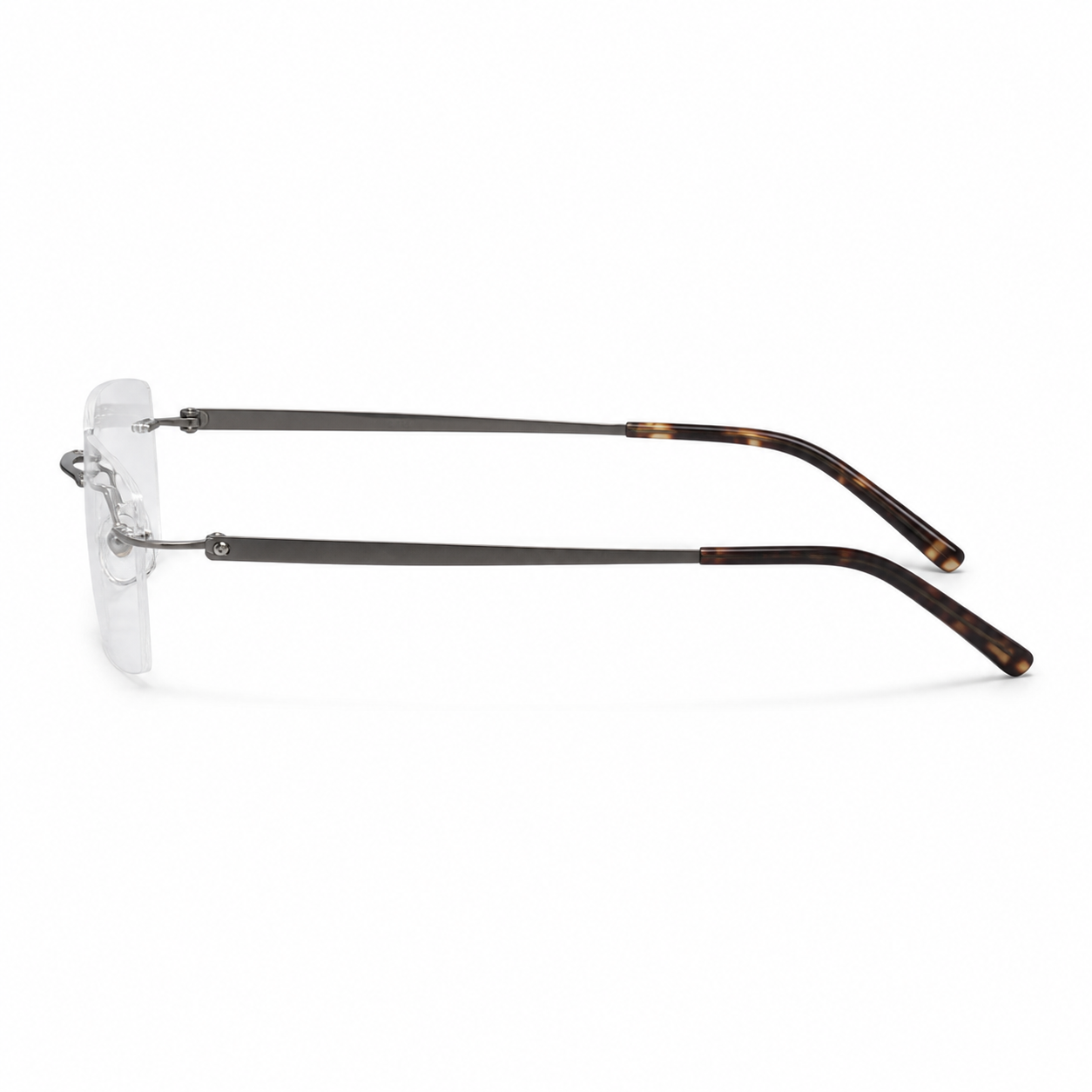Gunmetal men's titanium rimless rectangular glasses, side and temple product view