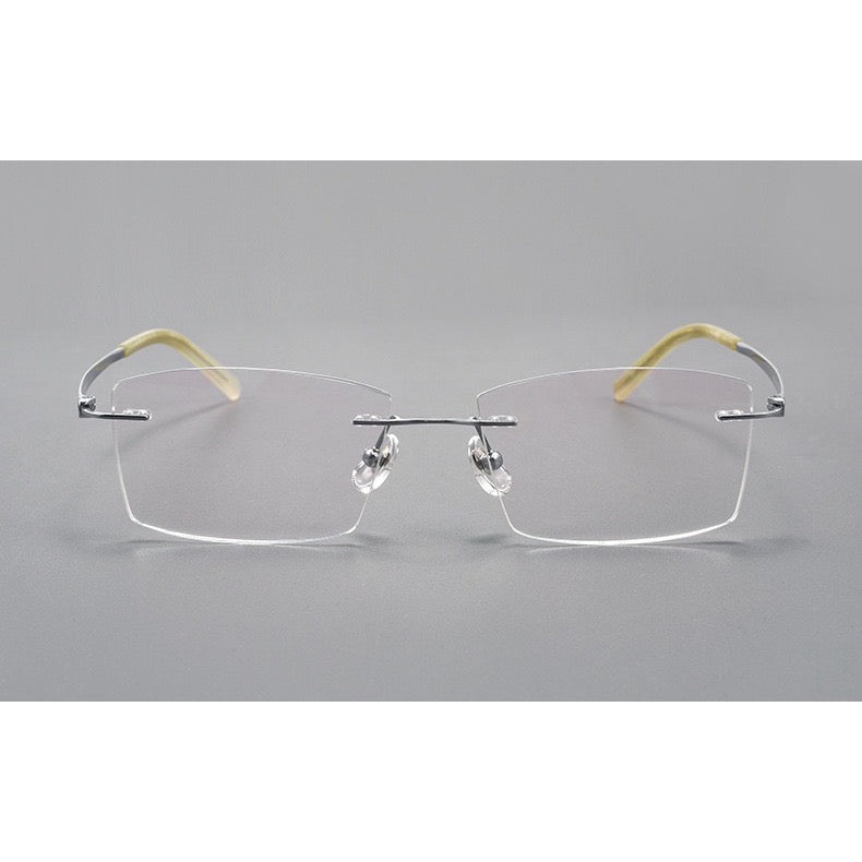 Silver men's titanium rimless rectangular glasses, front product view