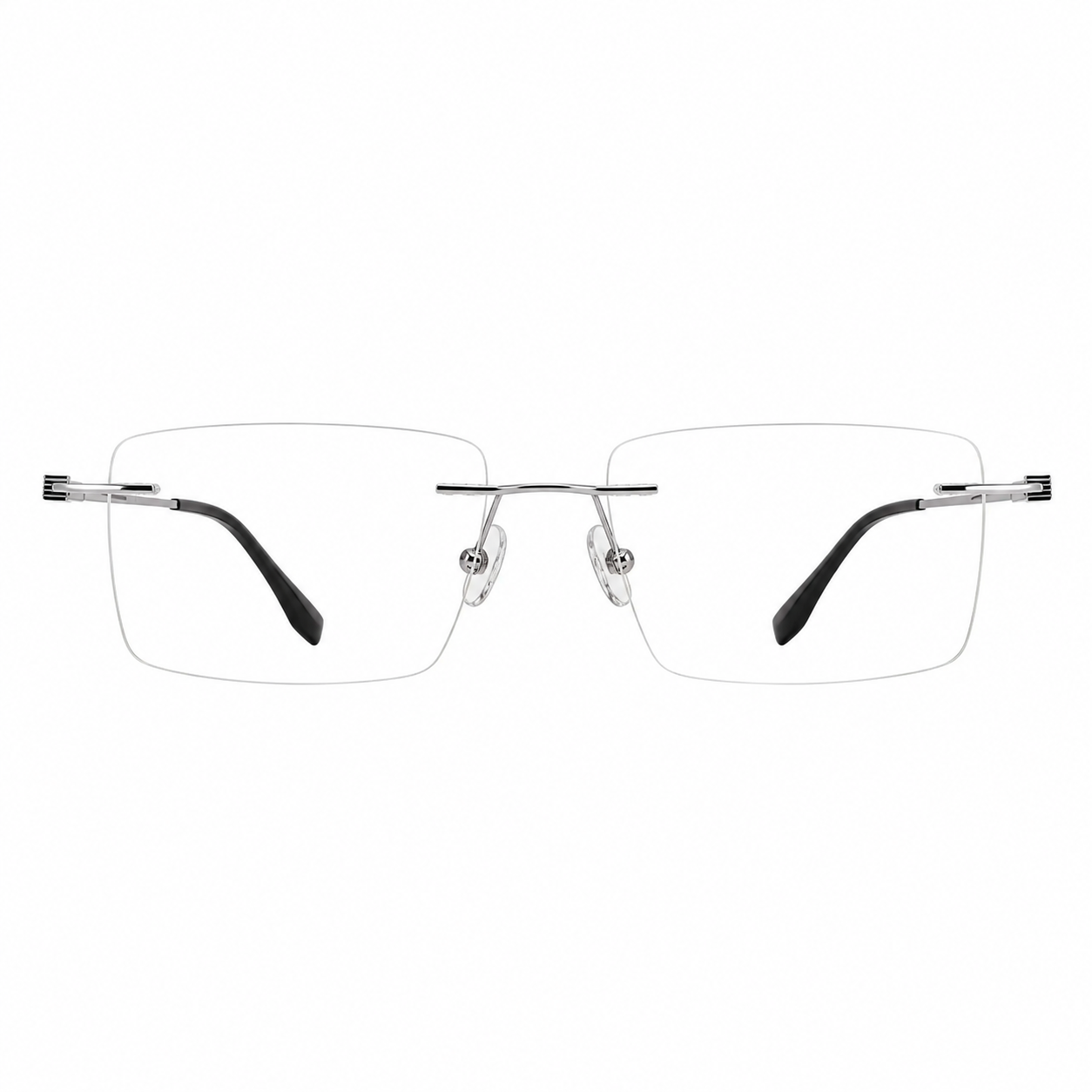 Silver men's titanium rimless rectangular glasses, front product view