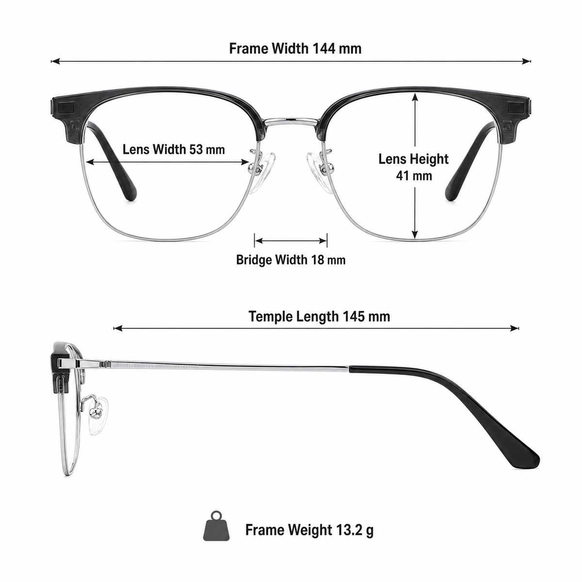 Men's TR-and-titanium semi-rimless frame measurement guide: 144 mm frame, 53 mm lens and 13.2 g weight