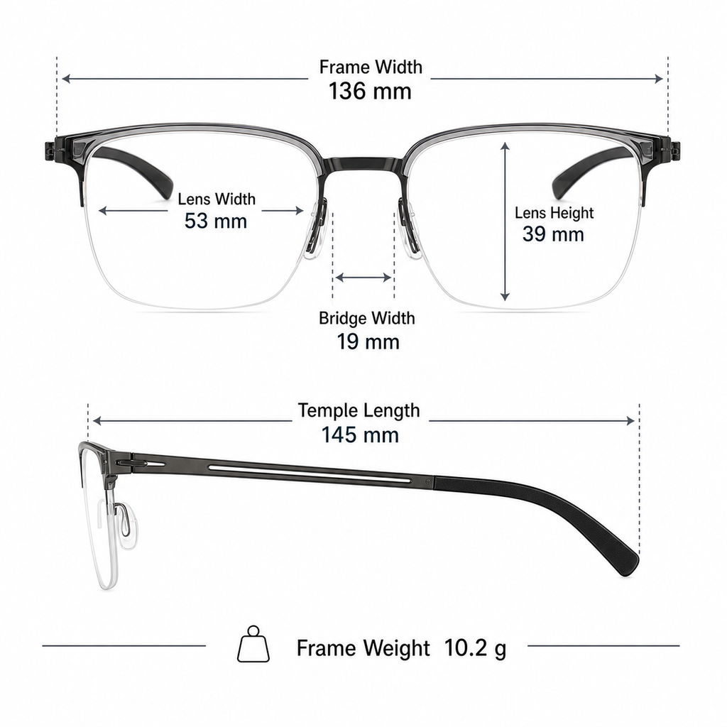 Men's TR-and-titanium semi-rimless frame measurement guide: 136 mm frame, 53 mm lens and 10.2 g weight