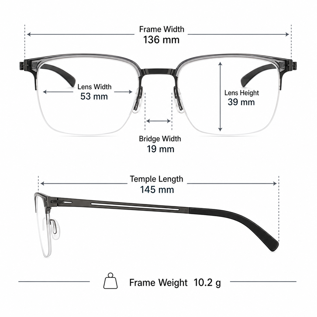 Men's TR-and-titanium semi-rimless frame measurement guide: 136 mm frame, 53 mm lens and 10.2 g weight