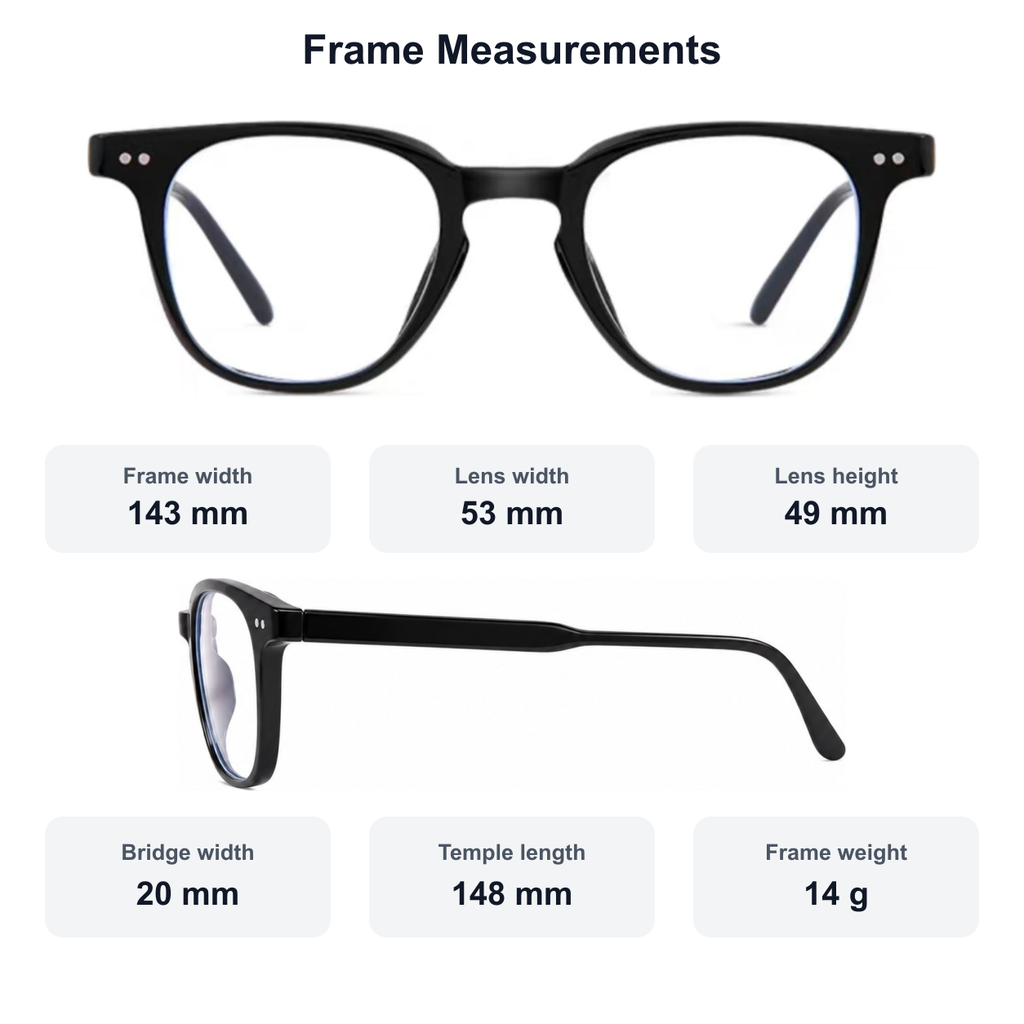 Men's TR90 full-rim glasses measurement guide: 143 mm frame, 53 mm lens, 14 g weight