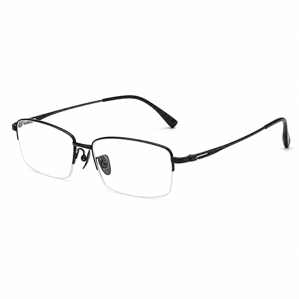 Black men's vintage pure titanium semi-rimless glasses, 45-degree product view