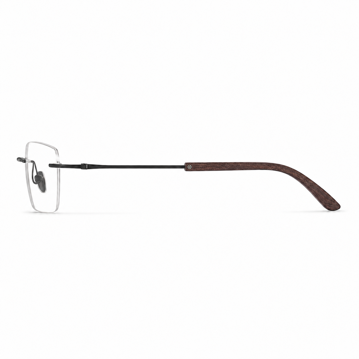 Black men's vintage rimless rectangular glasses, side and temple product view