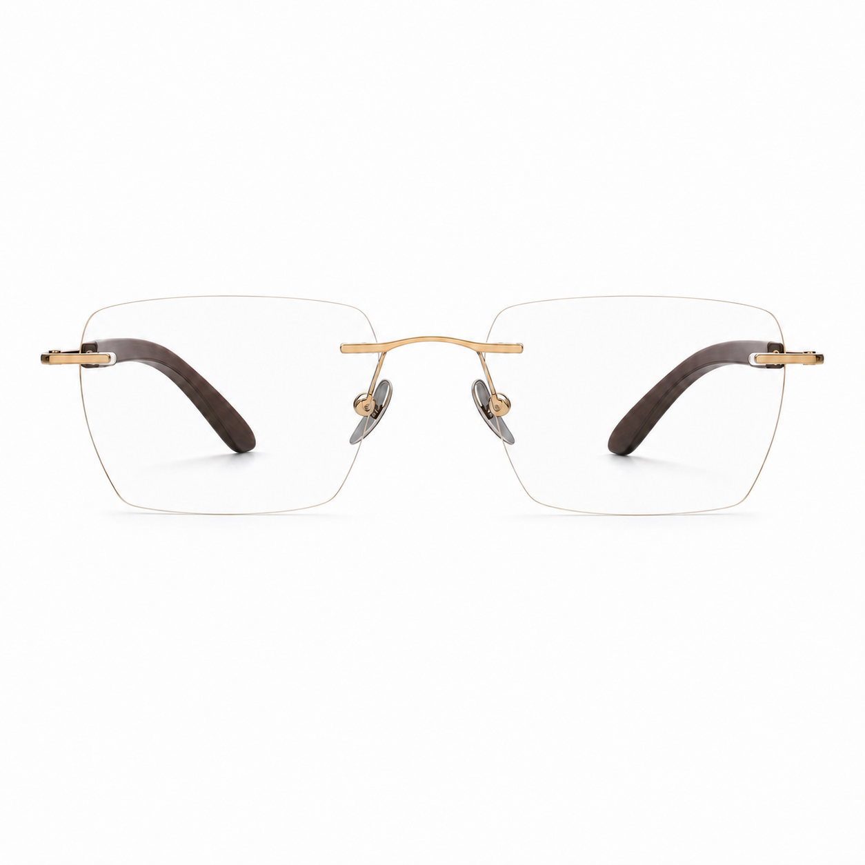 Gold men's vintage rimless rectangular glasses, front product view