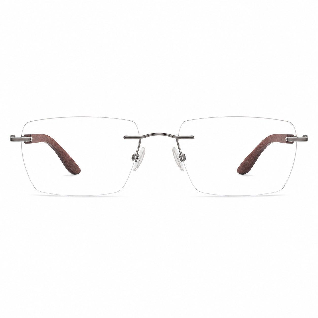 Gunmetal men's vintage rimless rectangular glasses, front product view