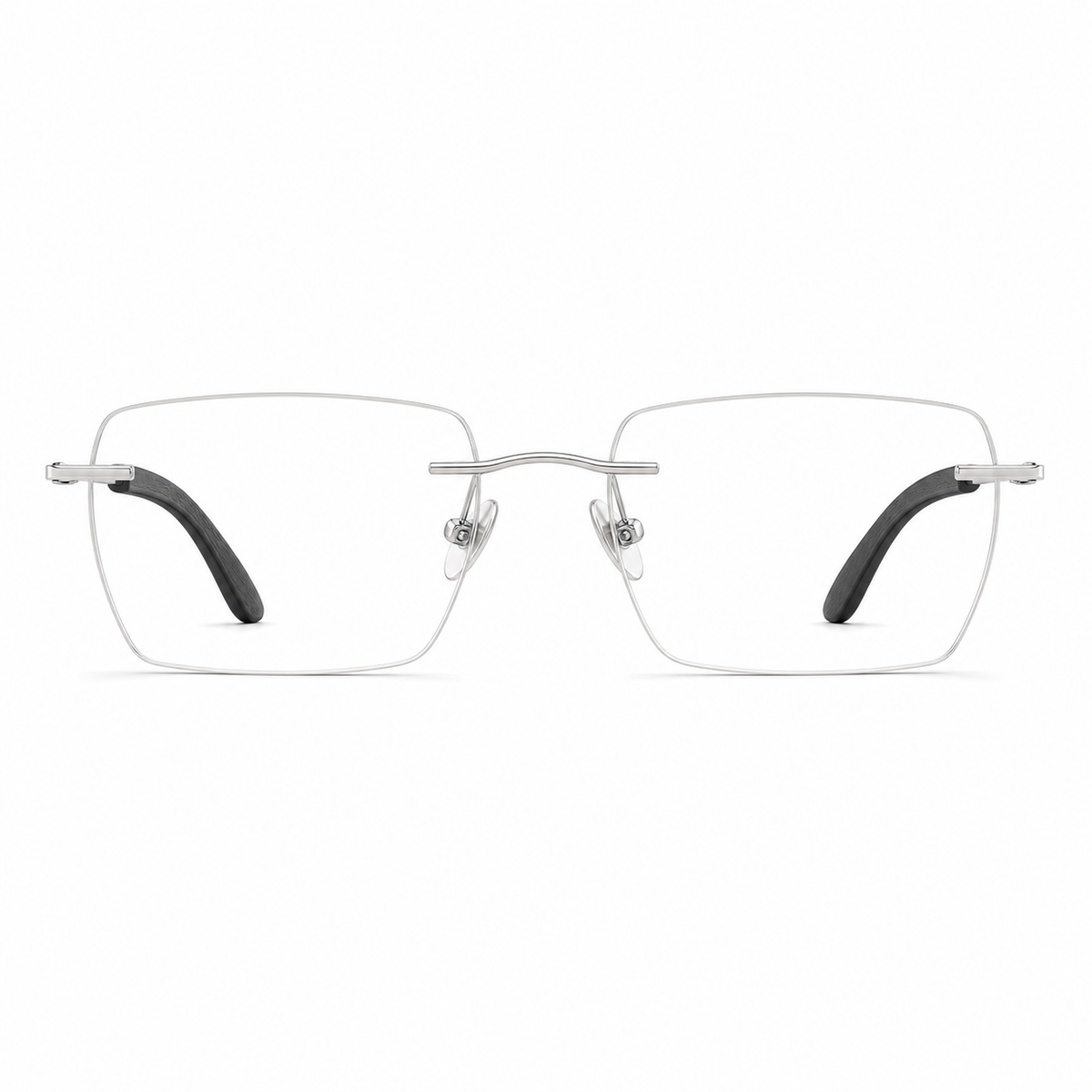 Silver men's vintage rimless rectangular glasses, front product view