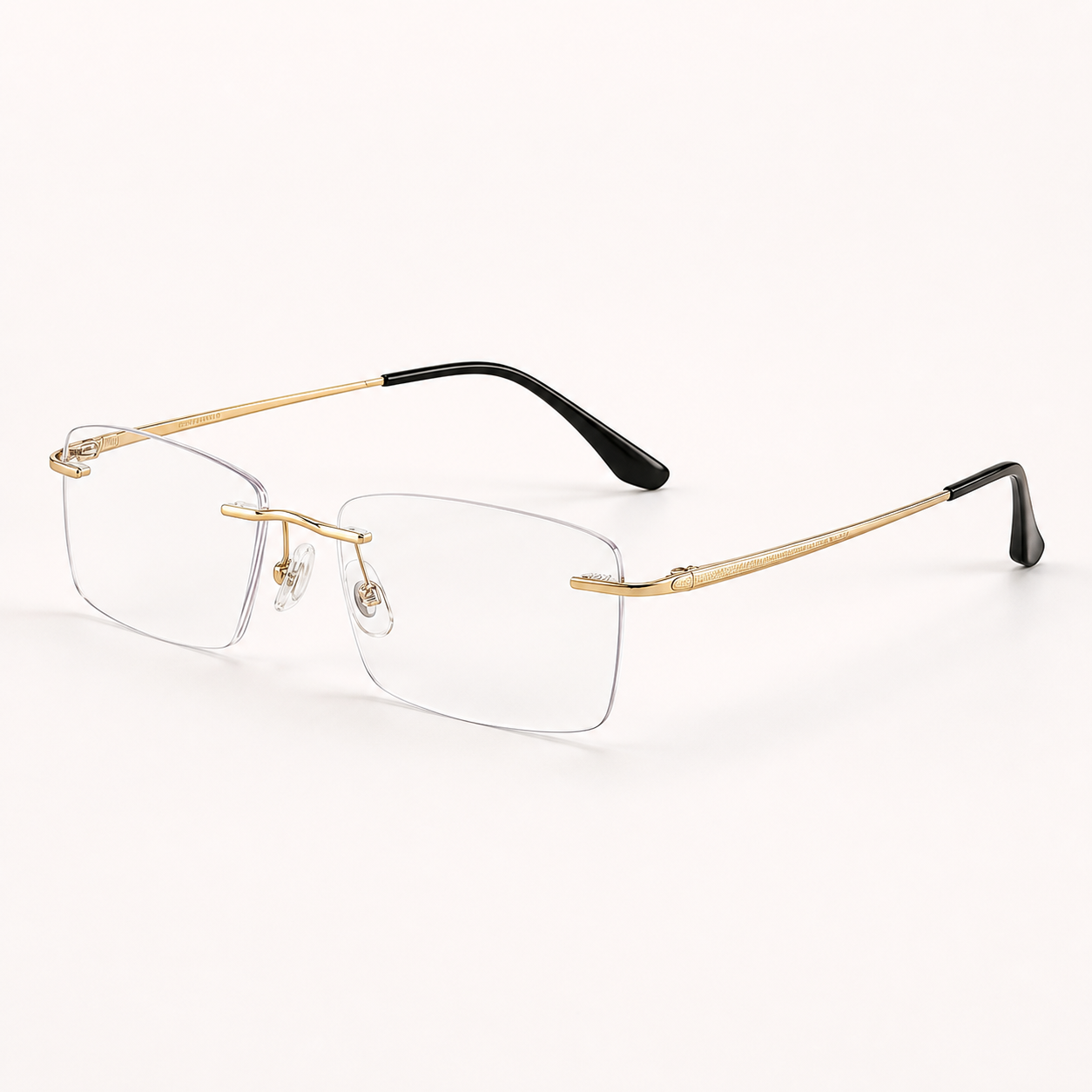 Gold titanium rimless slim rectangular eyeglasses, 45-degree product view