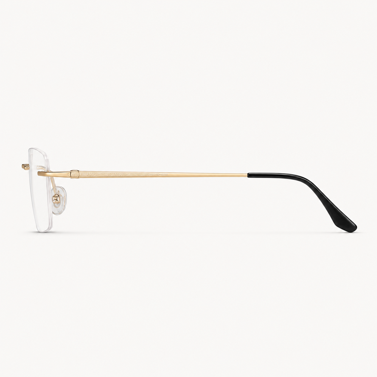 Gold titanium rimless slim rectangular eyeglasses, side-profile product view
