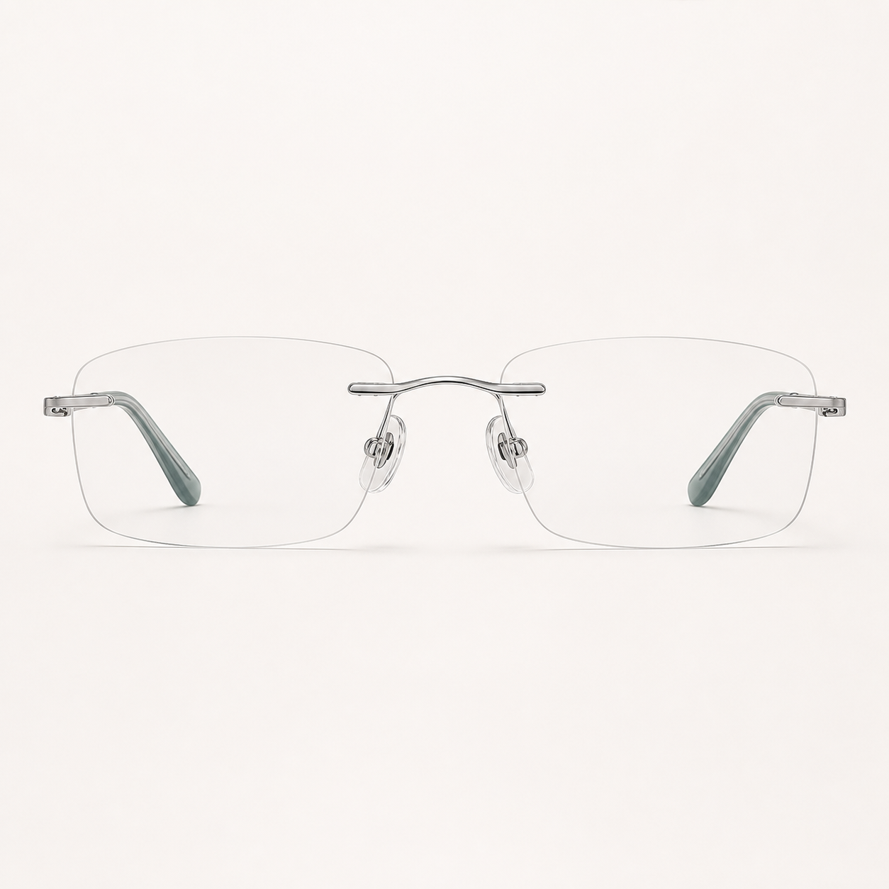 Silver titanium rimless slim rectangular eyeglasses, straight-on product view
