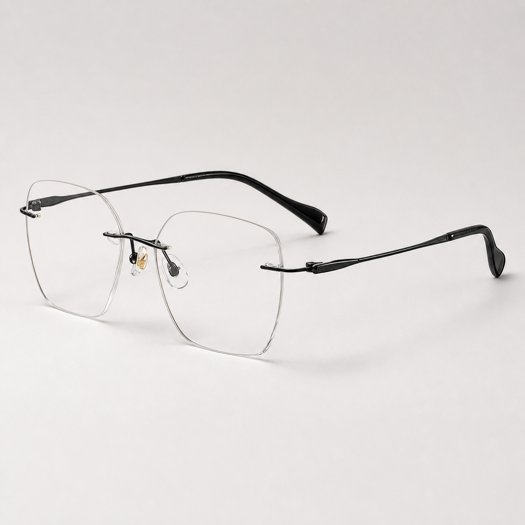 Black pure titanium rimless soft-square eyeglasses, 45-degree product view
