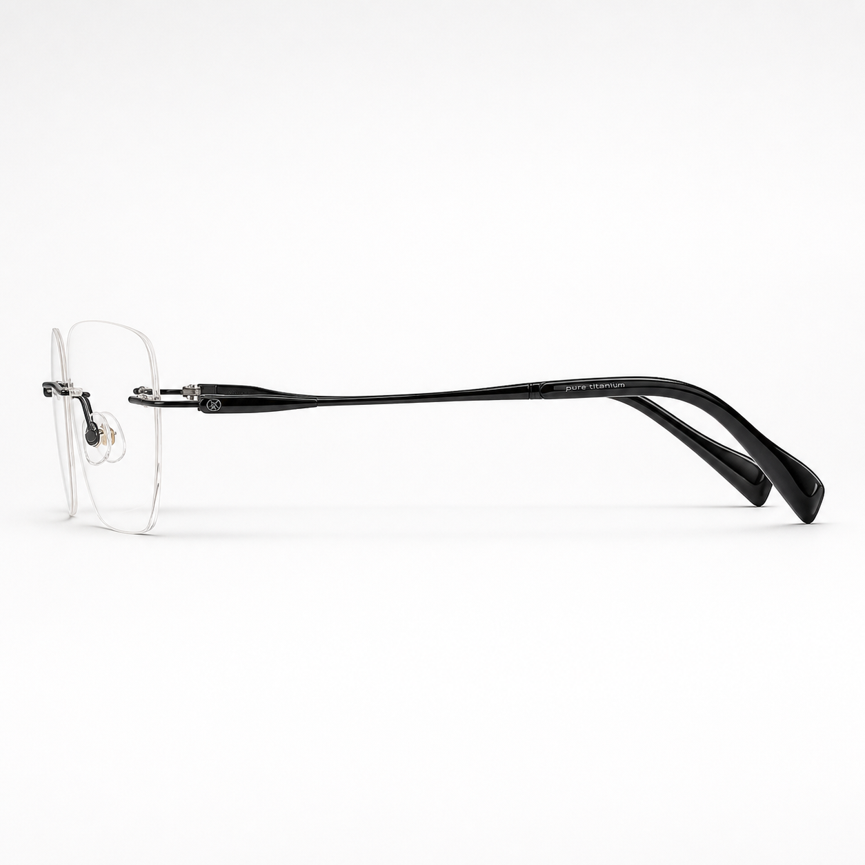 Black pure titanium rimless soft-square eyeglasses, side-profile product view