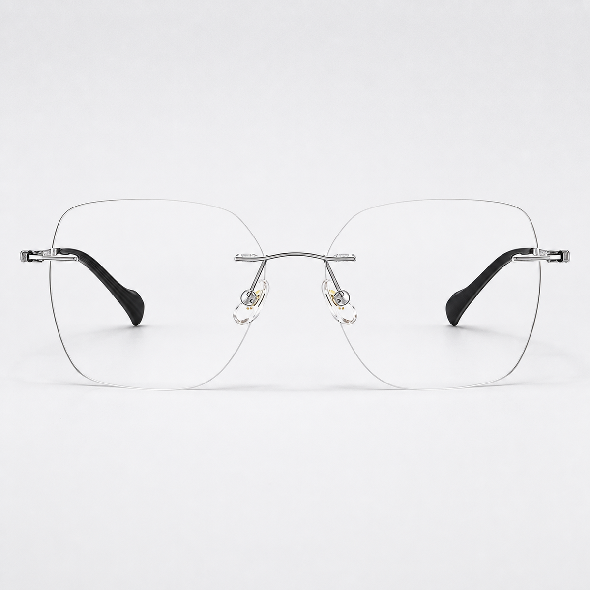 Silver pure titanium rimless soft-square eyeglasses, straight-on product view