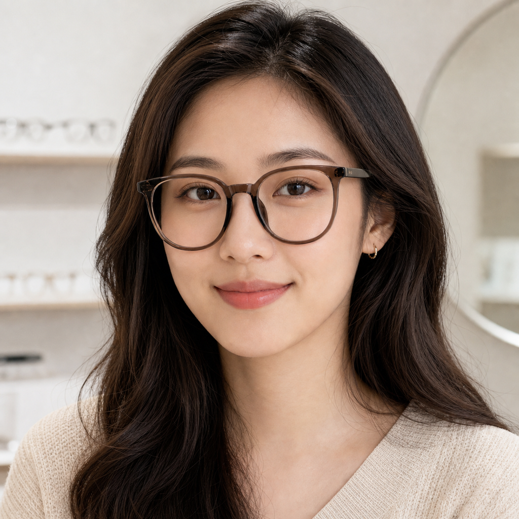 Amber Brown eyeglass frame worn by an adult model, view 1